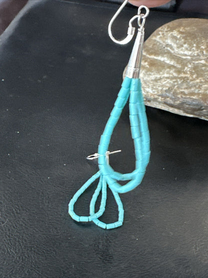 Heishi Dangle Blue Turquoise Sterling Earrings 2” 17955