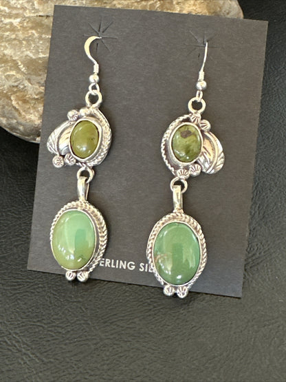 Native Navajo Green Turquoise Sterling Silver Dangle Earrings 2” 17694