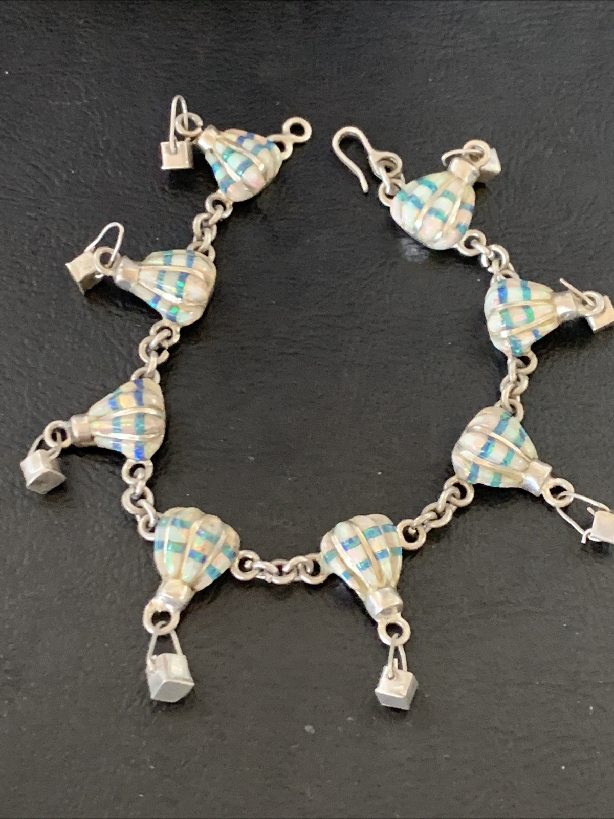 White Blue Opal Balloon Navajo Sterling Silver Link Inlay Bracelet 7.5" 12922