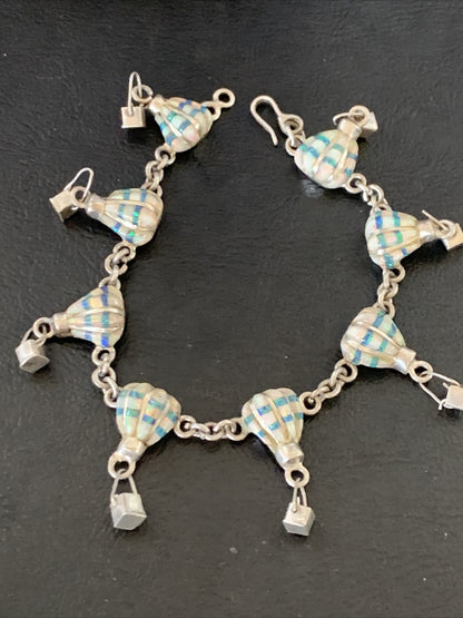 White Blue Opal Balloon Navajo Sterling Silver Link Inlay Bracelet 7.5" 12922