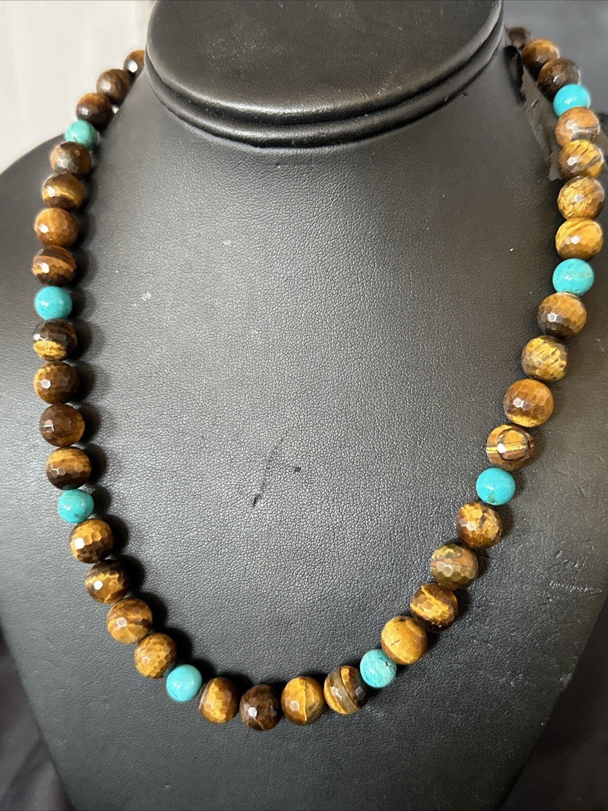 WoMens Tiger Eye Blue Turquoise  Sterling Silver Beads Necklace 19” 18169
