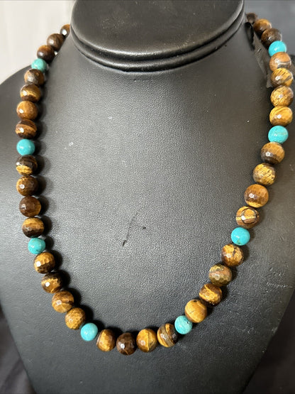 WoMens Tiger Eye Blue Turquoise  Sterling Silver Beads Necklace 19” 18169
