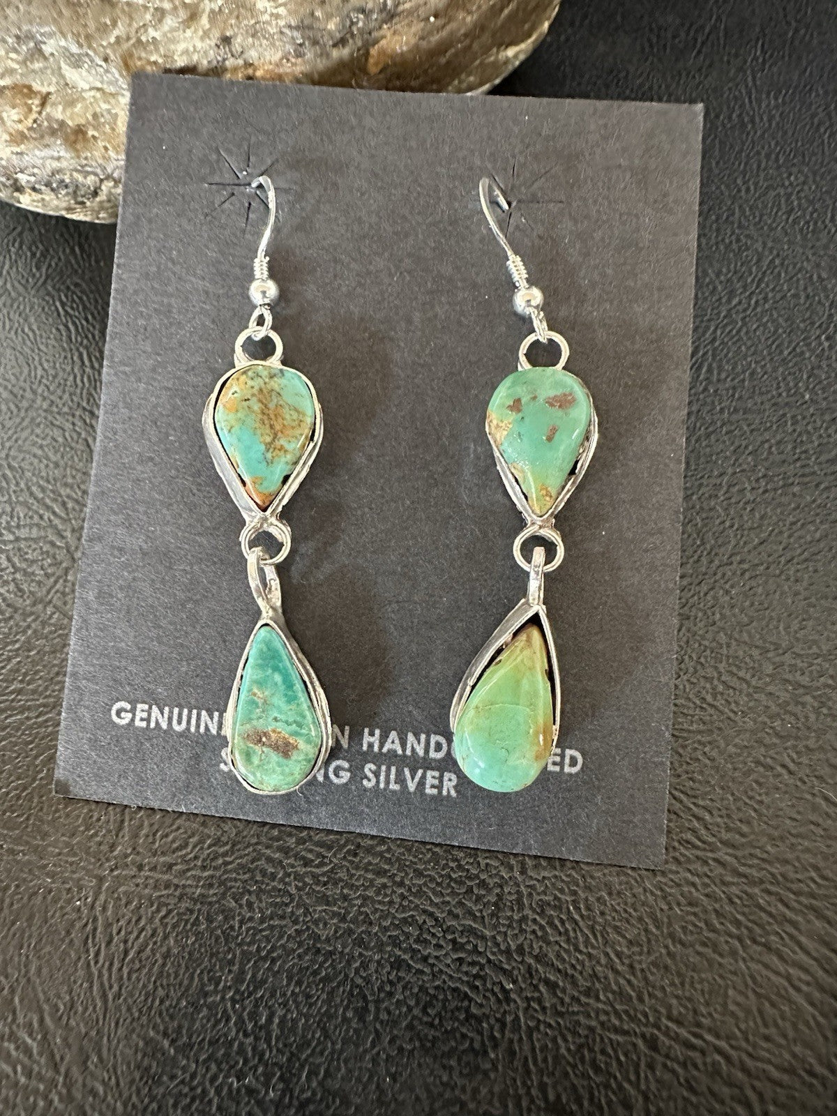 Green Royston Turquoise Navajo Sterling Silver Dangle Earrings 19369