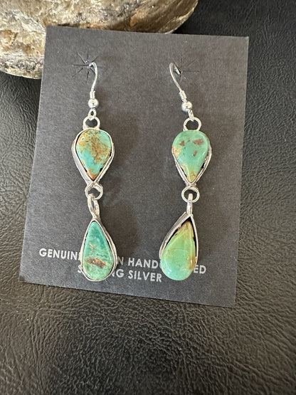 Green Royston Turquoise Navajo Sterling Silver Dangle Earrings 19369