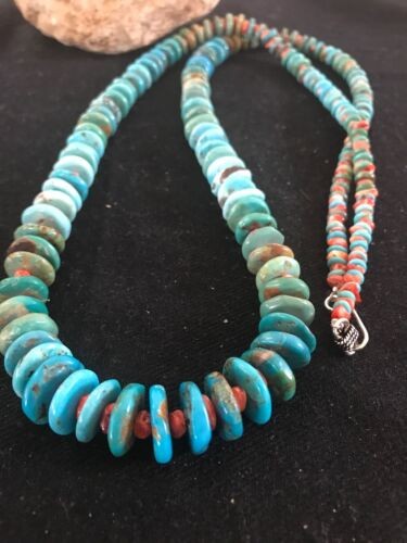 Navajo Blue Green Turquoise & Spiny Oyster Necklace Graduated 35" 8117
