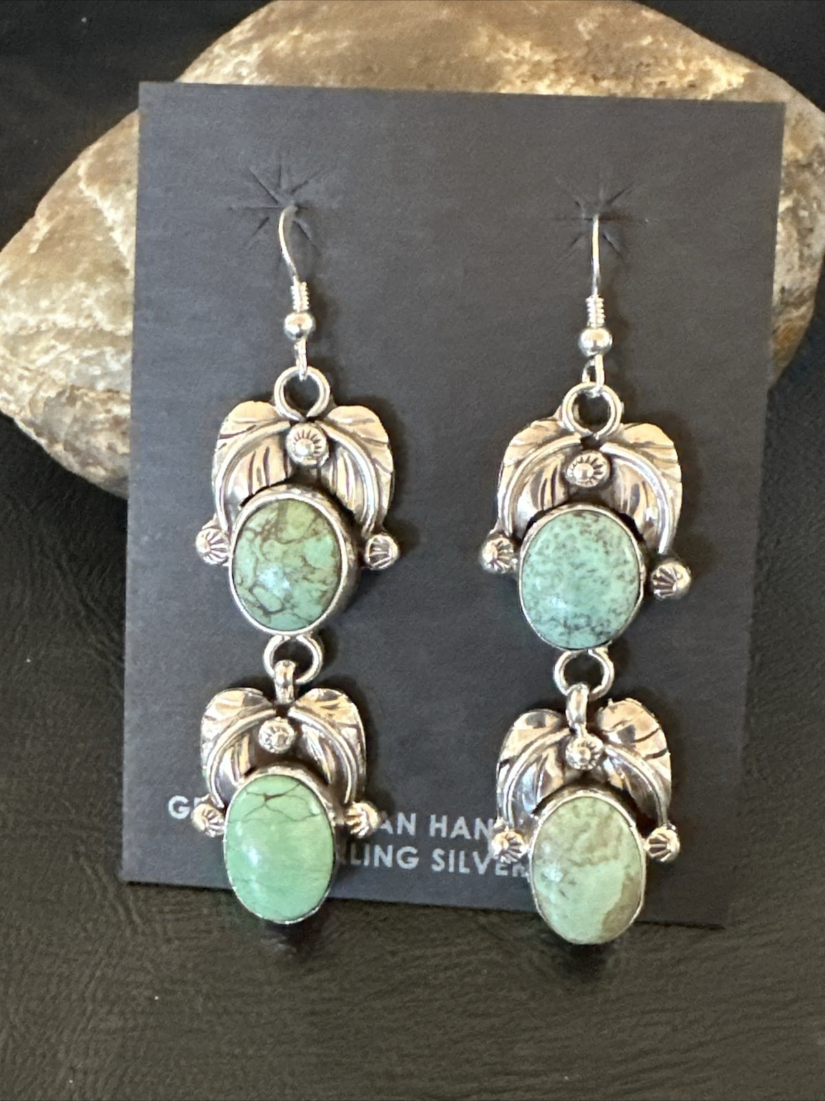 Native Navajo Green Turquoise Sterling Silver Dangle Earrings 2” 17910