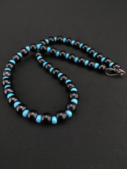 Native Black Onyx Blue Turquoise Bead Navajo Sterling Silver Necklace 15229