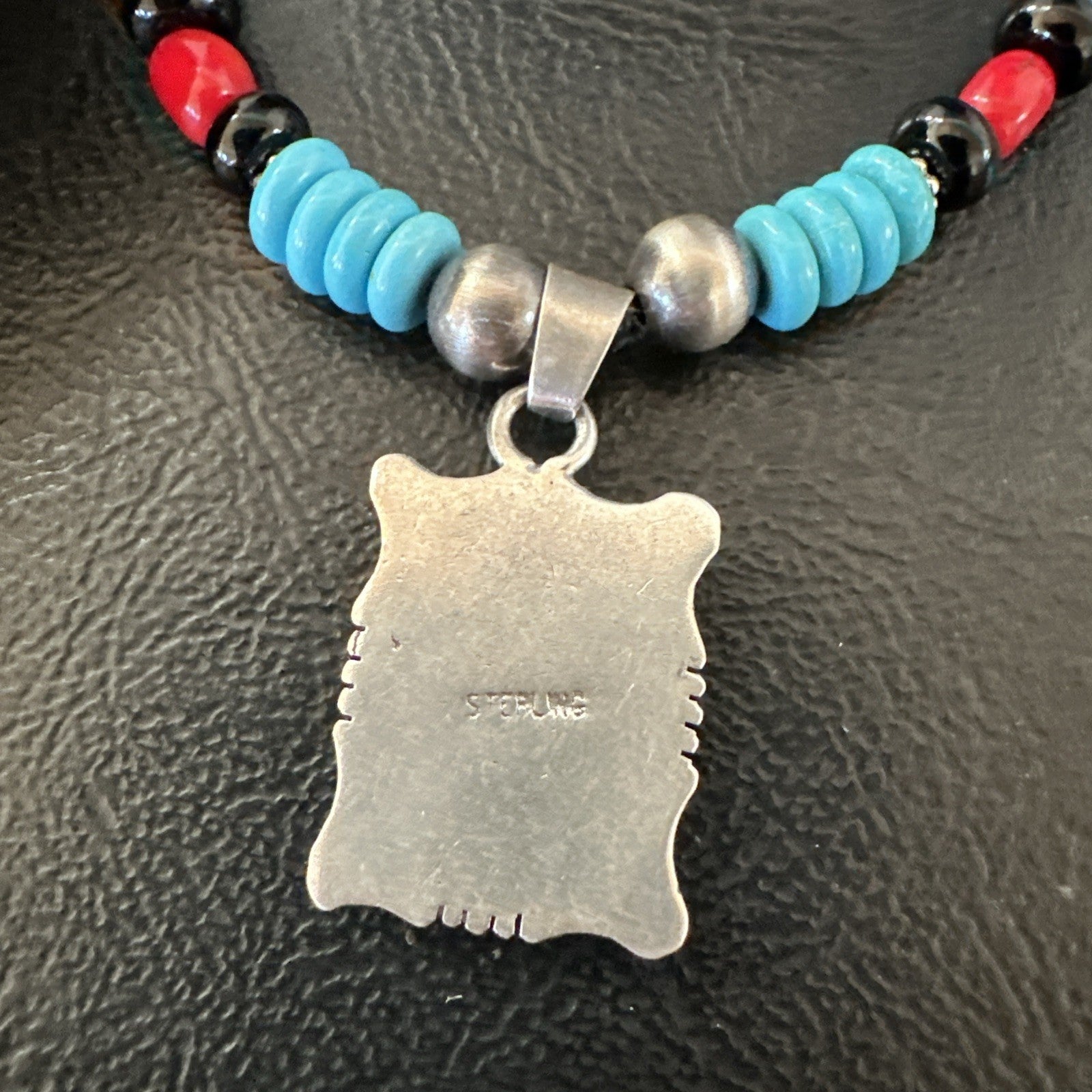 Multicolor Turquoise Coral Navajo Sterling Silver Inlay Pendant Necklace 19649