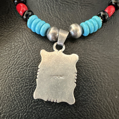 Multicolor Turquoise Coral Navajo Sterling Silver Inlay Pendant Necklace 19649