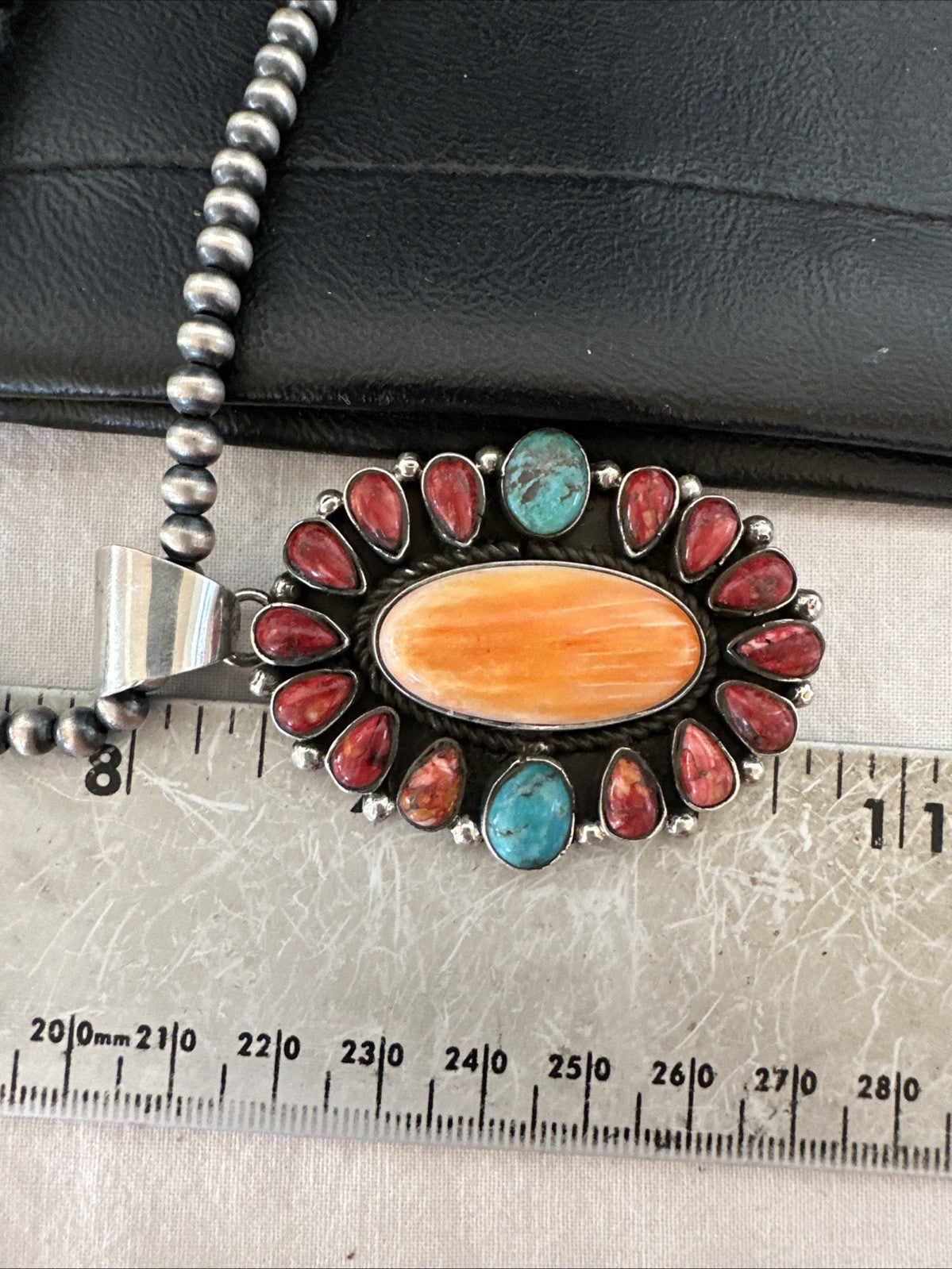 Multicolor Turquoise Spiny Navajo Sterling Silver Cluster Pendant Necklace 19564