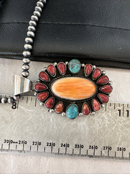 Multicolor Turquoise Spiny Navajo Sterling Silver Cluster Pendant Necklace 19564