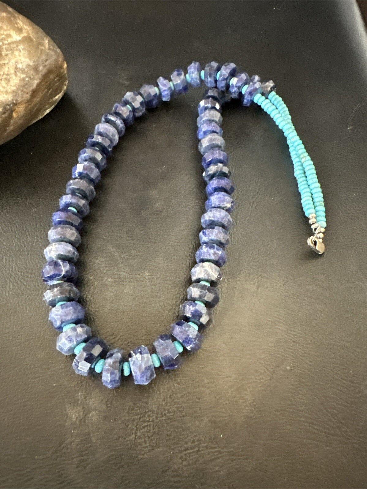 Mens Turquoise 12mm Faceted Lapis Bead Navajo Sterling Silver Necklace 21" 18277