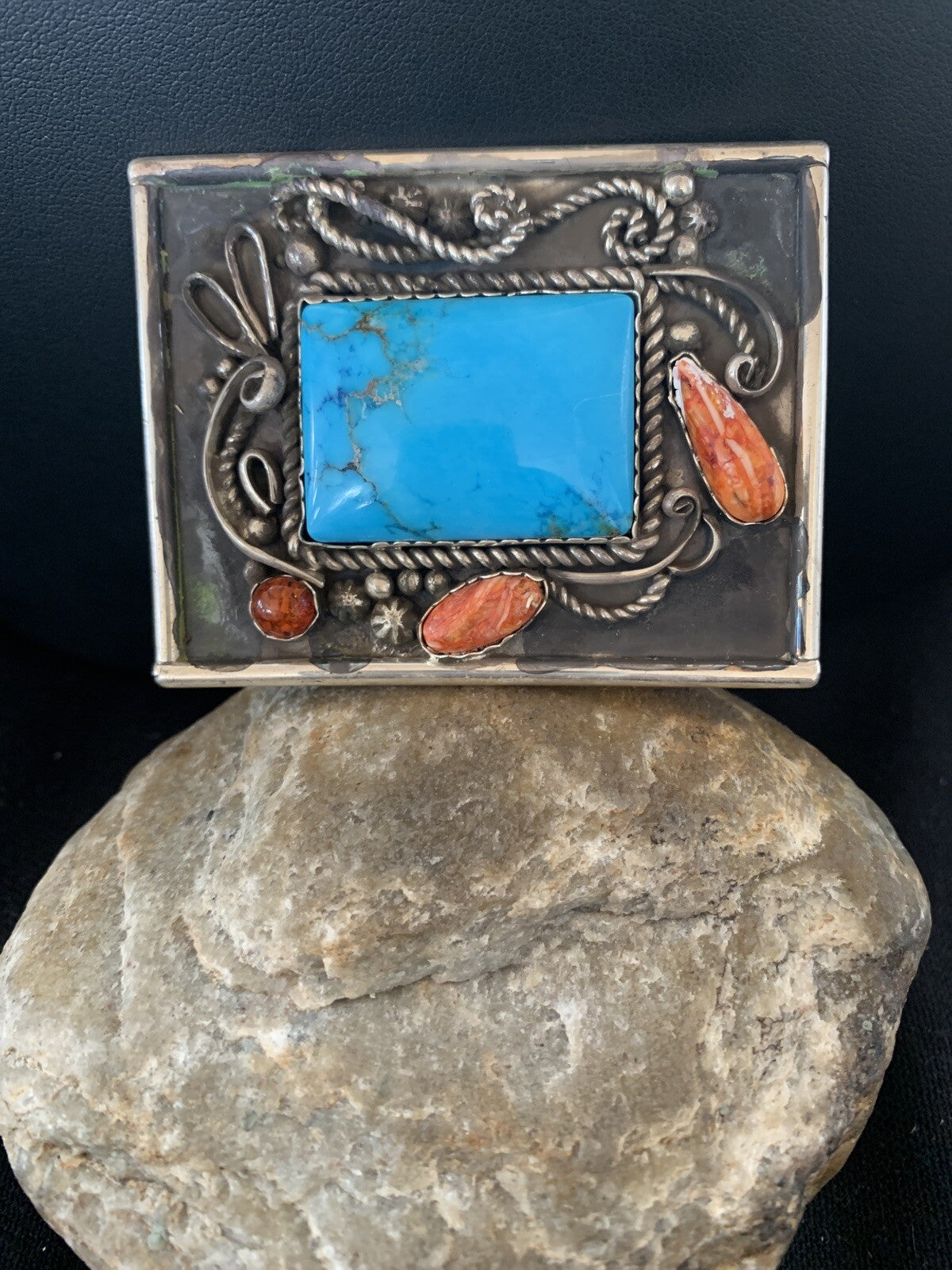 Blue Turquoise Spiny Oyster Navajo Sterling Silver Concho Belt Buckle 00717