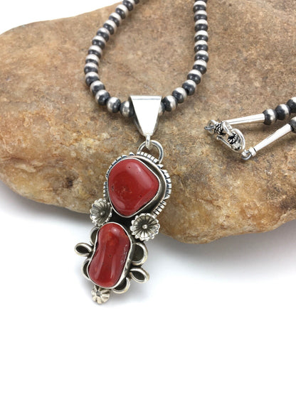 Red Coral Cluster Pendant Navajo Sterling Silver Necklace Native American 18930
