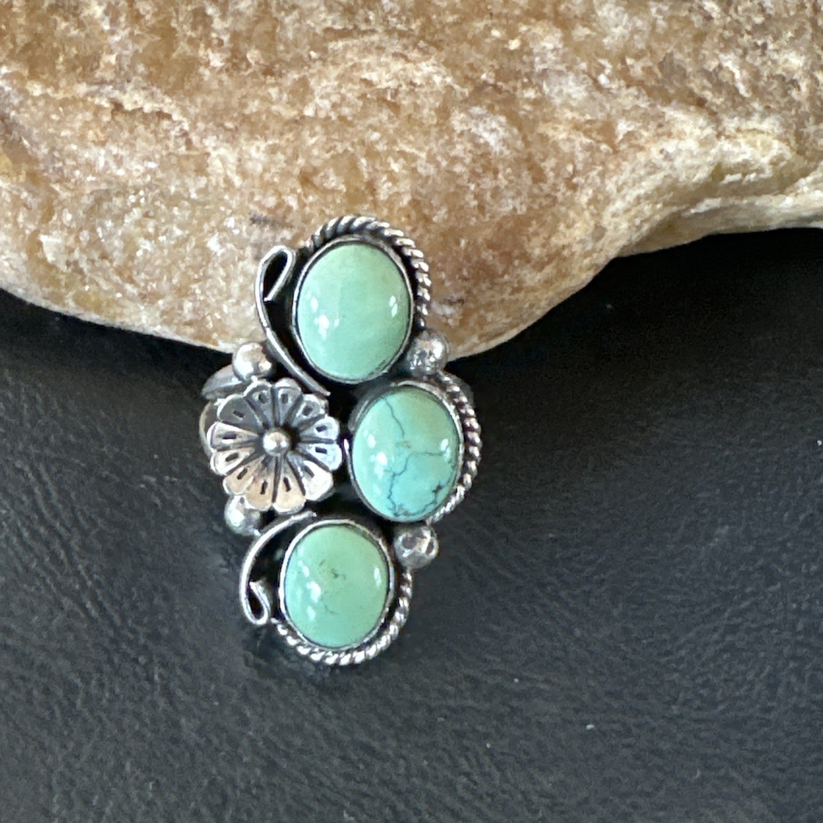 Yazzie Ring Green Turquoise Navajo Sterling Silver Cluster Size 9 19216