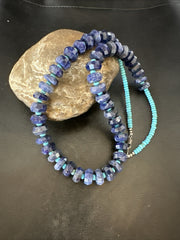 Men's Turquoise 12mm Faceted Lapis Bead Navajo Necklace 23" | Sterling Silver | Authentic Native American Handmade | 18276