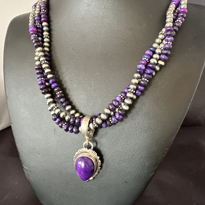 Navajo Sterling Silver 3 Strand Purple Stone Necklace Pendant 22” 19028