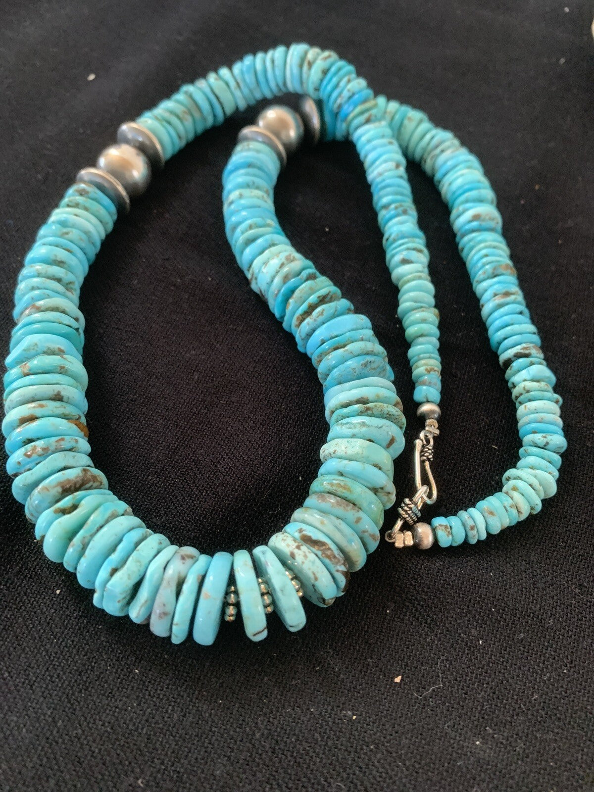 Blue Turquoise Graduated Navajo Pearls Sterling Silver Necklace 25" 00602