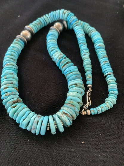 Blue Turquoise Graduated Navajo Pearls Sterling Silver Necklace 25" 00602