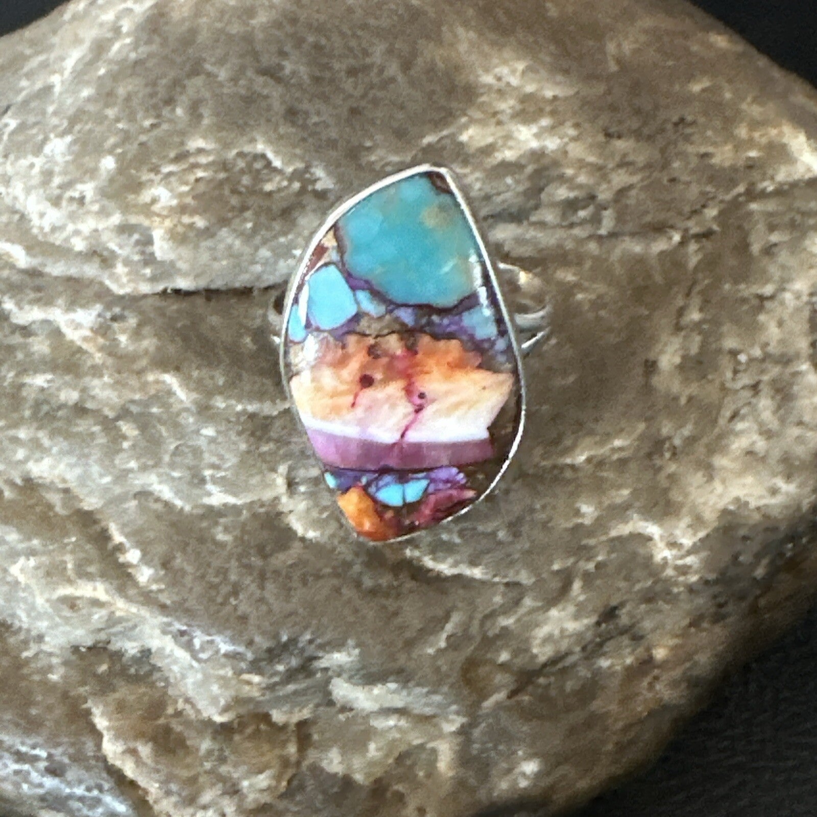 Blue Turquoise Spiny Oyster Southwestern Sterling Silver Ring Size 8 18440
