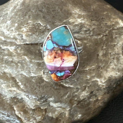Blue Turquoise Spiny Oyster Southwestern Sterling Silver Ring Size 8 18440