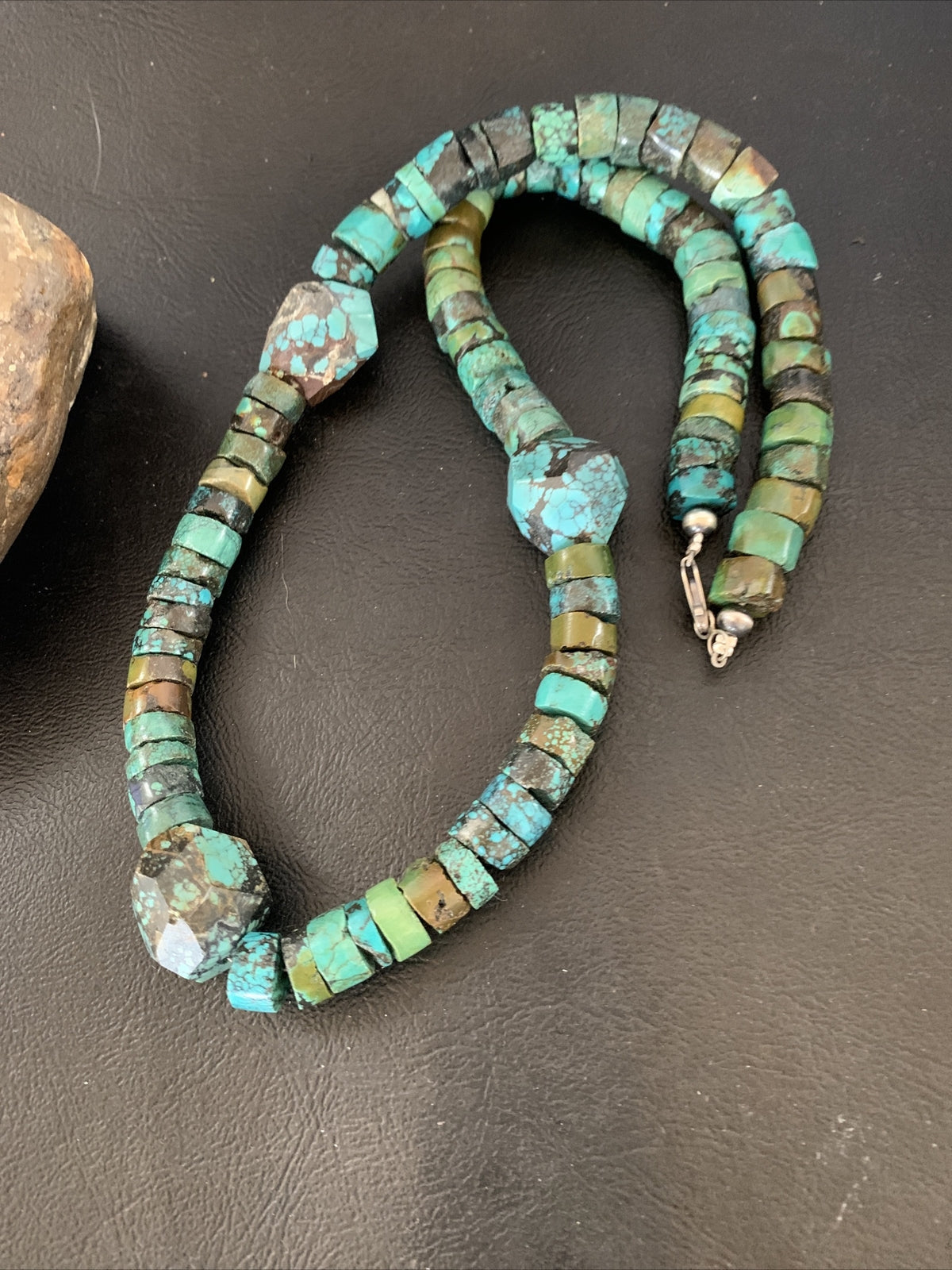 Men Chunky Spiderweb Turquoise Heishi Navajo Sterling Silver Necklace 21” 124504