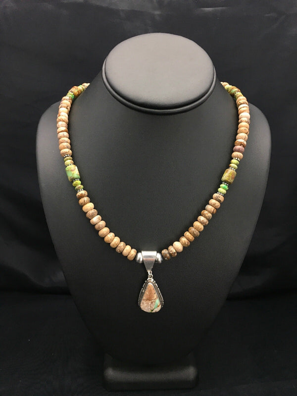 Green Turquoise Picture Jasper Navajo Necklace | Sterling Silver | Authentic Native American Handmade | 02611