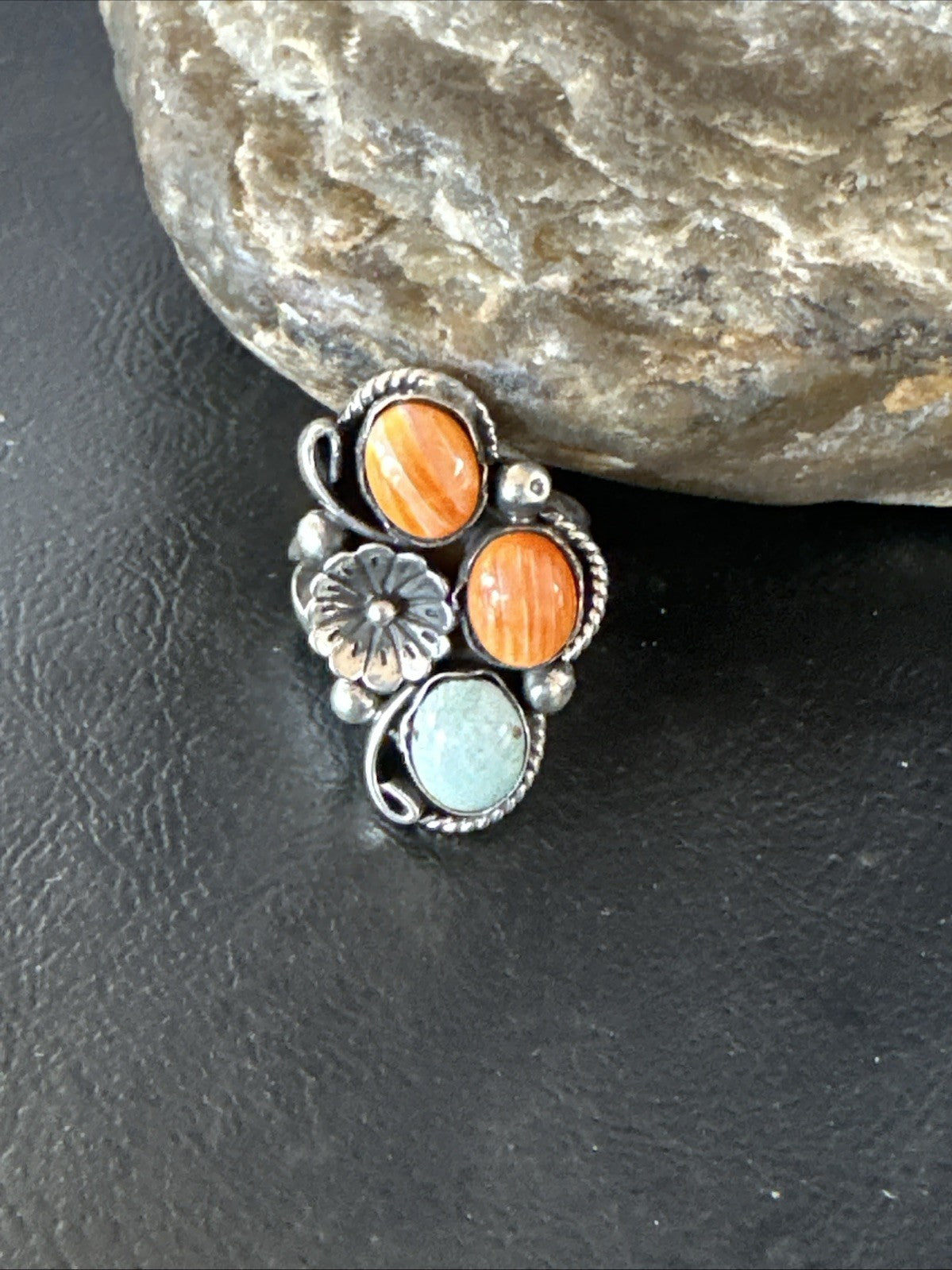 Multicolor Ring Turquoise Spiny Navajo Sterling Silver Cluster Size 8.5 19188