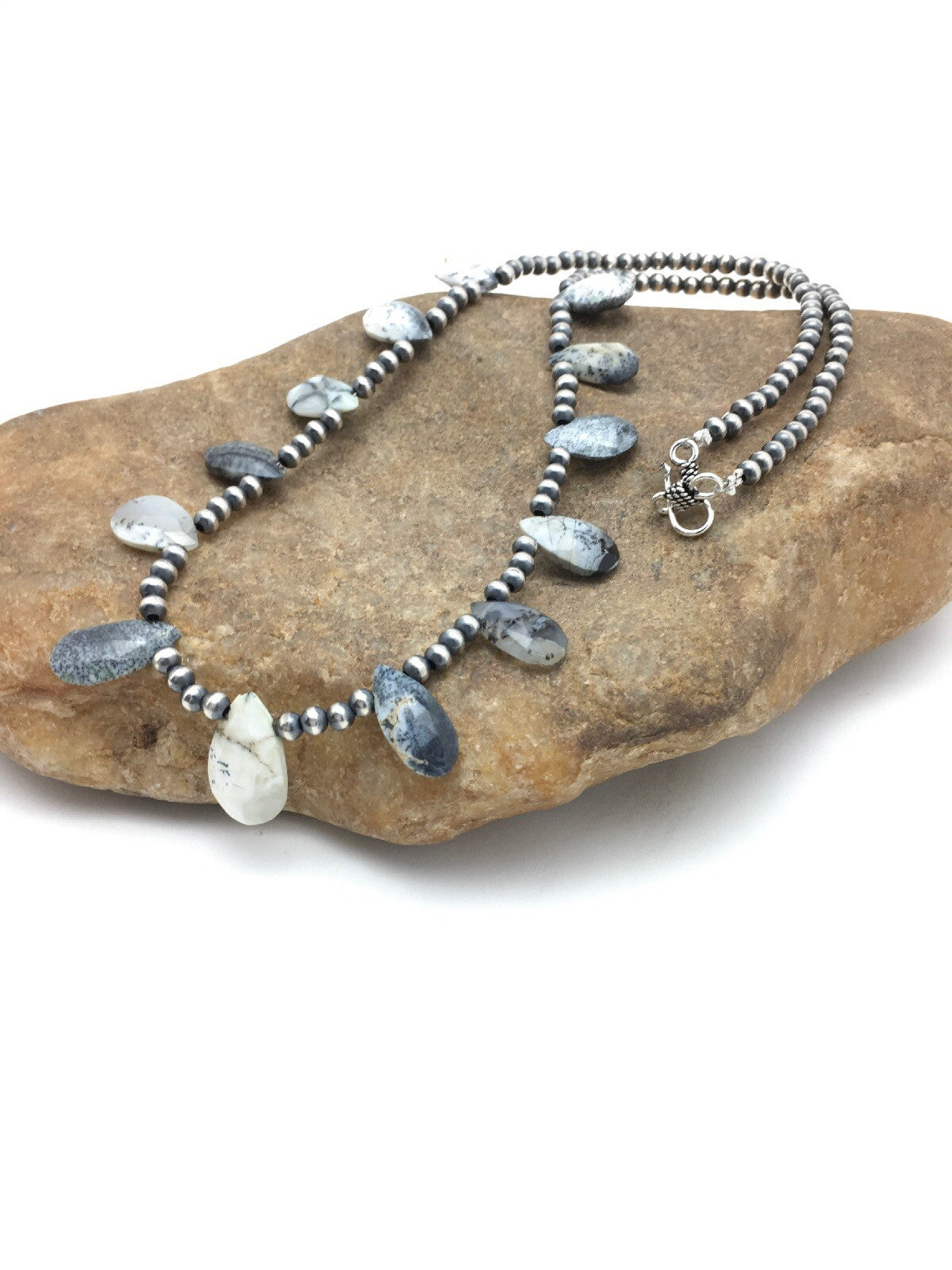 Black Rutile & Opal Pear Shaped Navajo Pearls Sterling Silver Necklace 04091