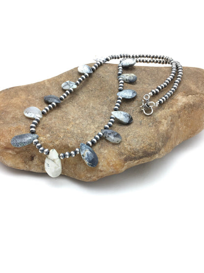 Black Rutile & Opal Pear Shaped Navajo Pearls Sterling Silver Necklace 04091