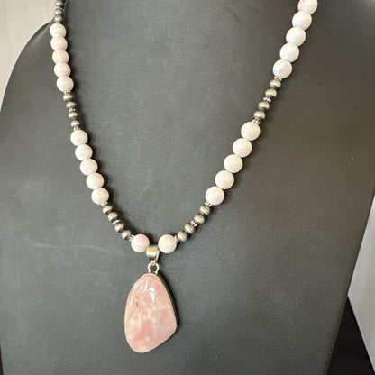 Southwestern Sterling Silver Pink Queen Conch Bead Necklace Pendant 20" 19556