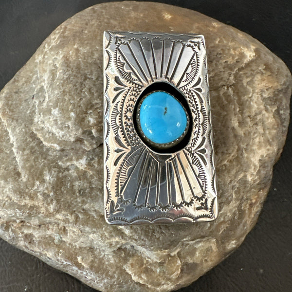 Men's Women's Blue Turquoise Navajo Stainless Stamped Silver Money Clip | Authentic Native American Handmade | 19732
