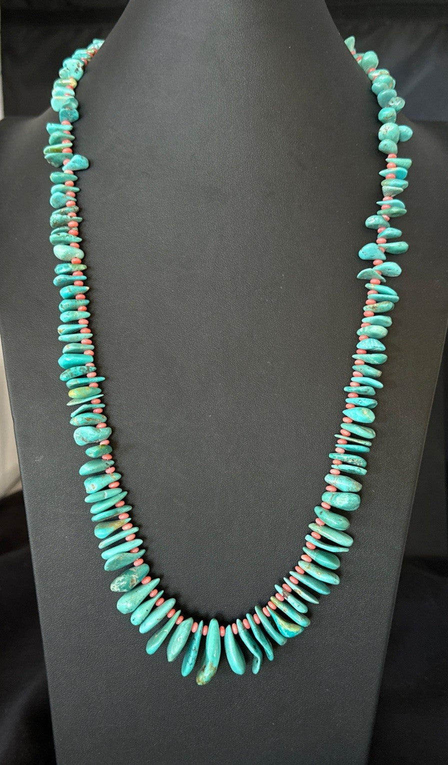 Mens Women Navajo Blue Turquoise Pink Coral Necklace Sterling Silver 28” 19746