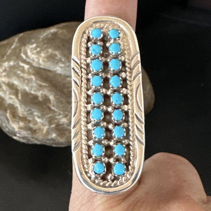 Blue Turquoise Zuni Sterling Silver Petite Point Cluster Ring Size 8.5 18792