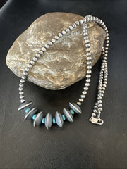 Blue Turquoise Round Flat Beads Necklace 20" | Sterling Silver | Authentic Native American Handmade | 19026