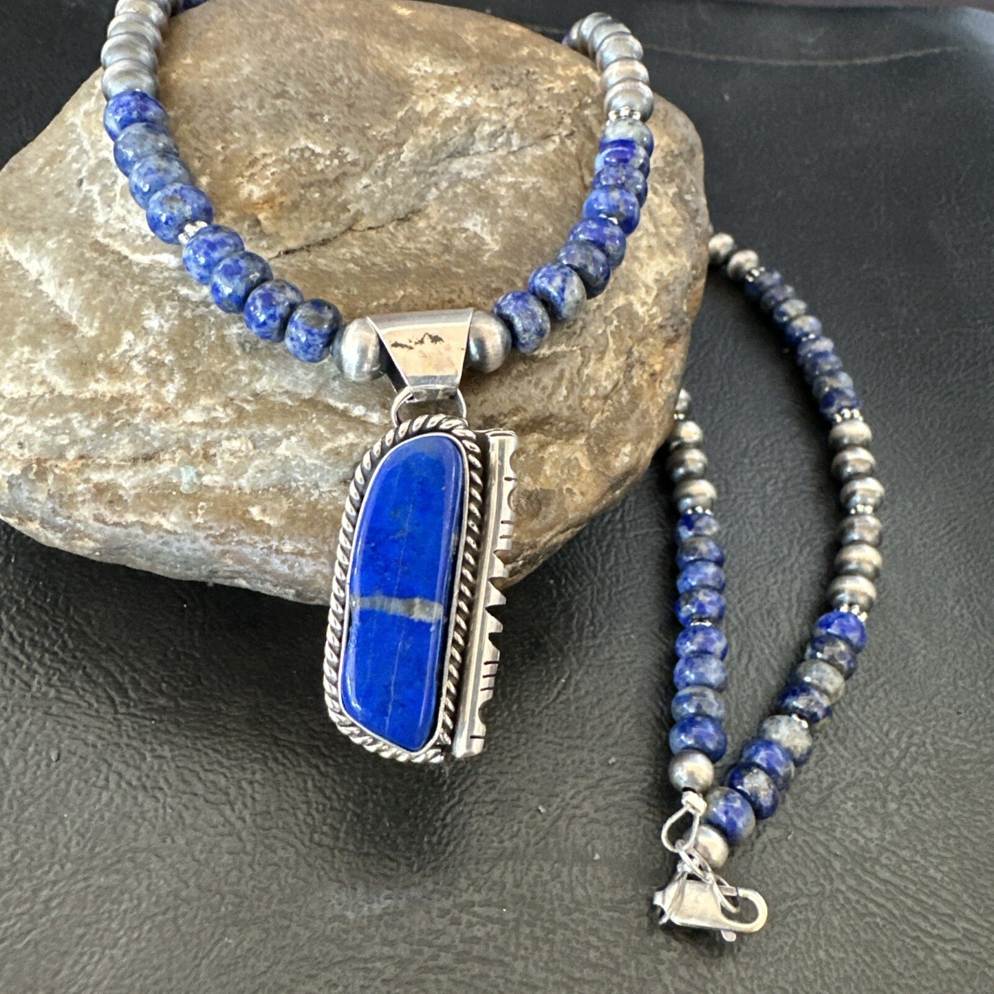 Blue~Lapis~Pendant~Navajo~Pearls~Sterling~Silver~Necklace~ 22”~18742