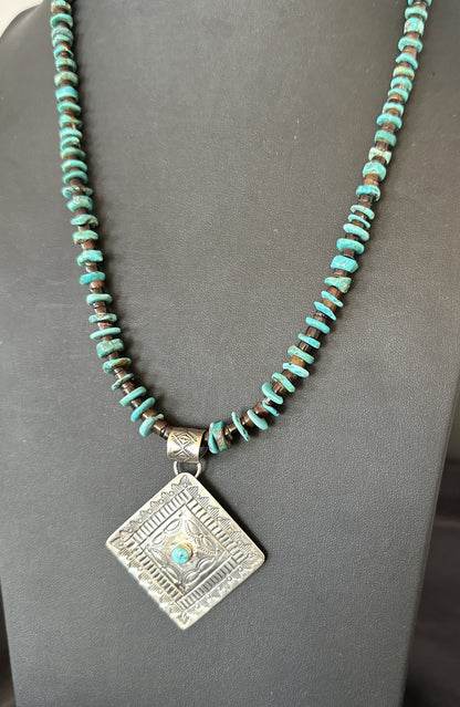 Navajo Blue Turquoise Stamped Pendant Shell Sterling Silver 28” Necklace 19705