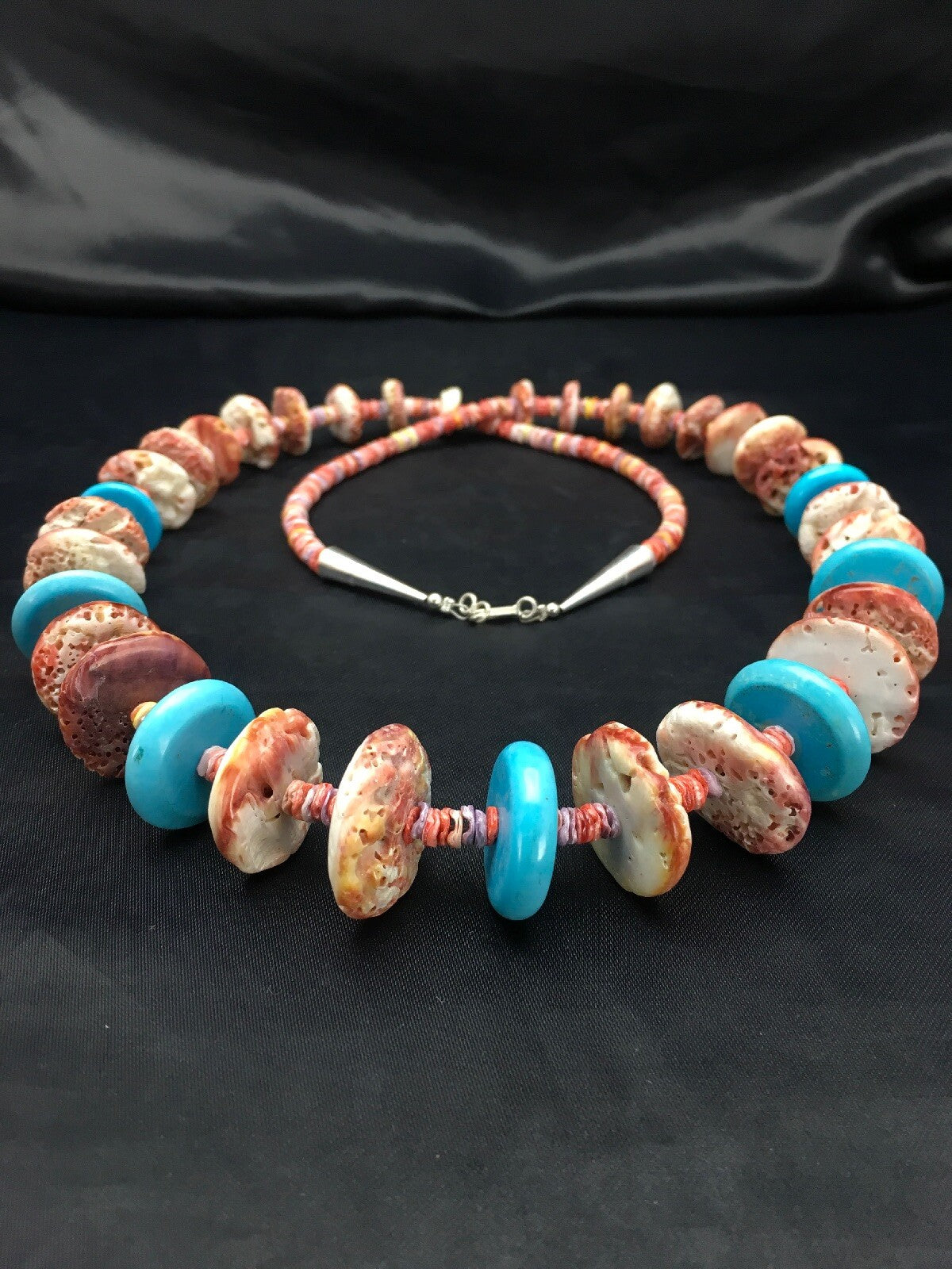 Spiny Oyster & Turquoise Navajo Indian Sterling Silver Necklace 02910