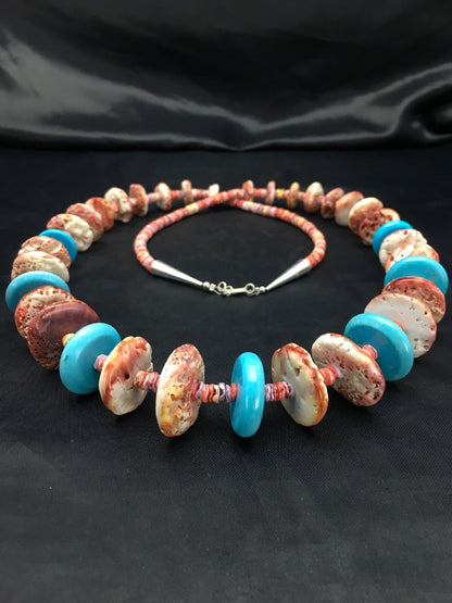Spiny Oyster & Turquoise Navajo Indian Sterling Silver Necklace 02910