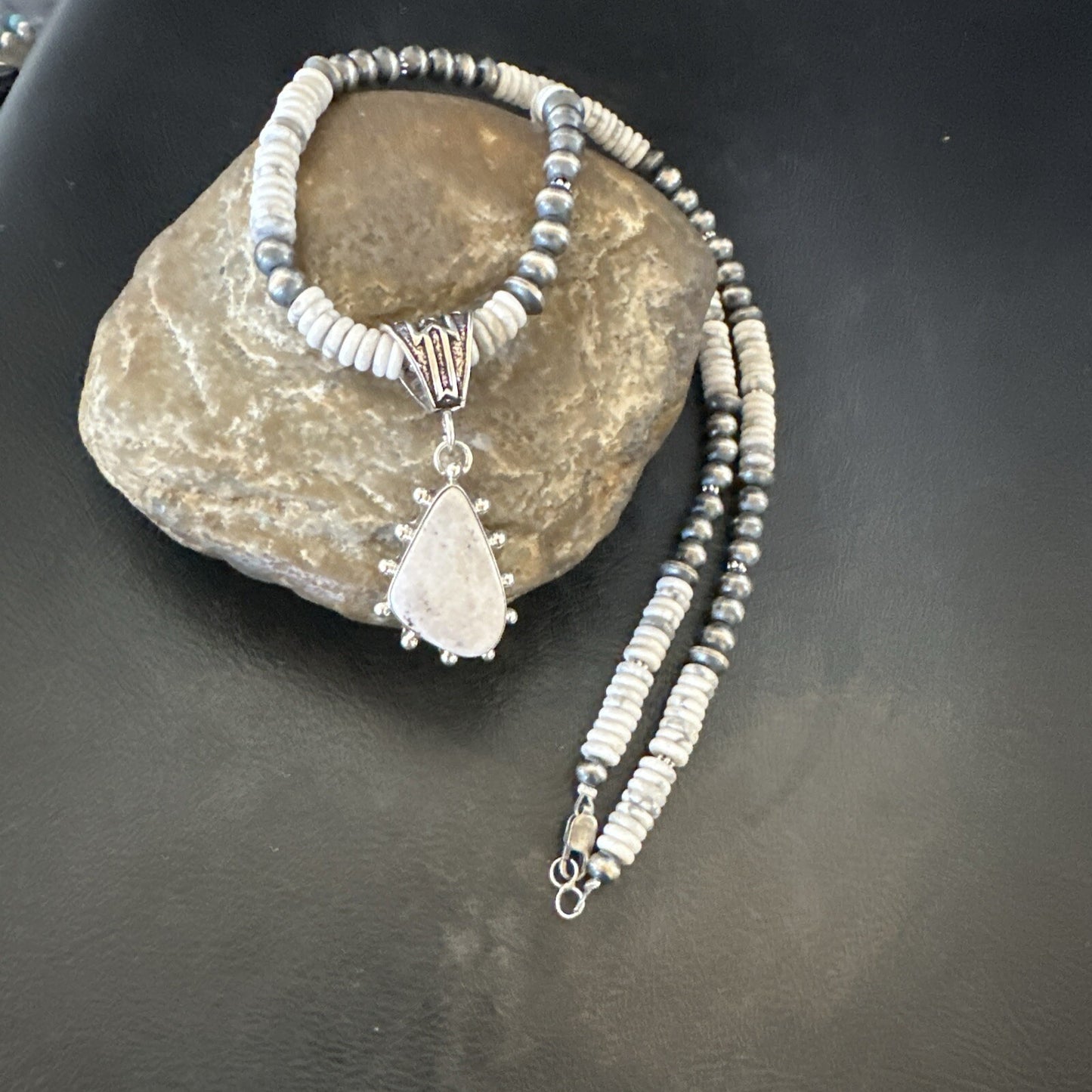 White Buffalo Turquoise Pendant Navajo Pearls Sterling Silver Necklace 22" 18258