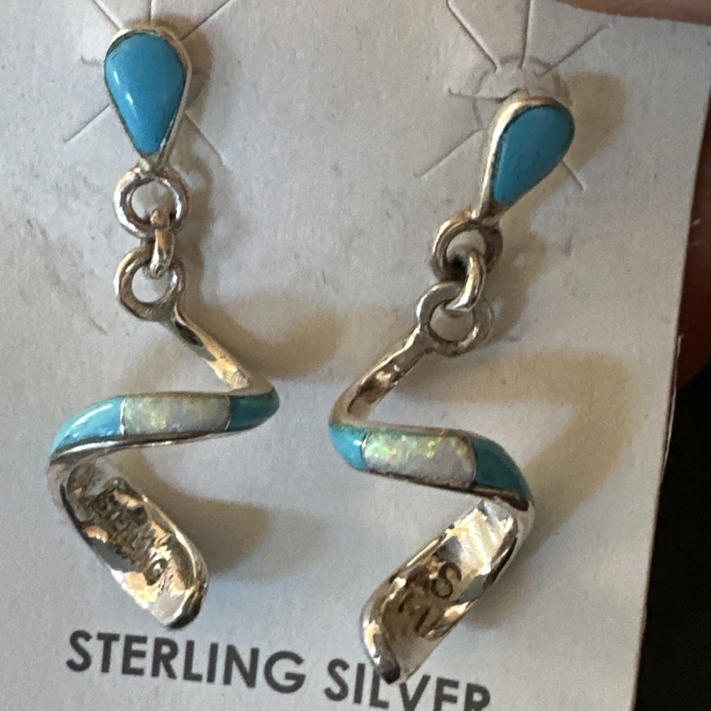 Blue Turquoise Opal Inlay Swirl Navajo Sterling Earrings 1.25" 18751