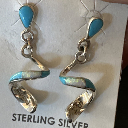 Blue Turquoise Opal Inlay Swirl Navajo Sterling Earrings 1.25" 18751