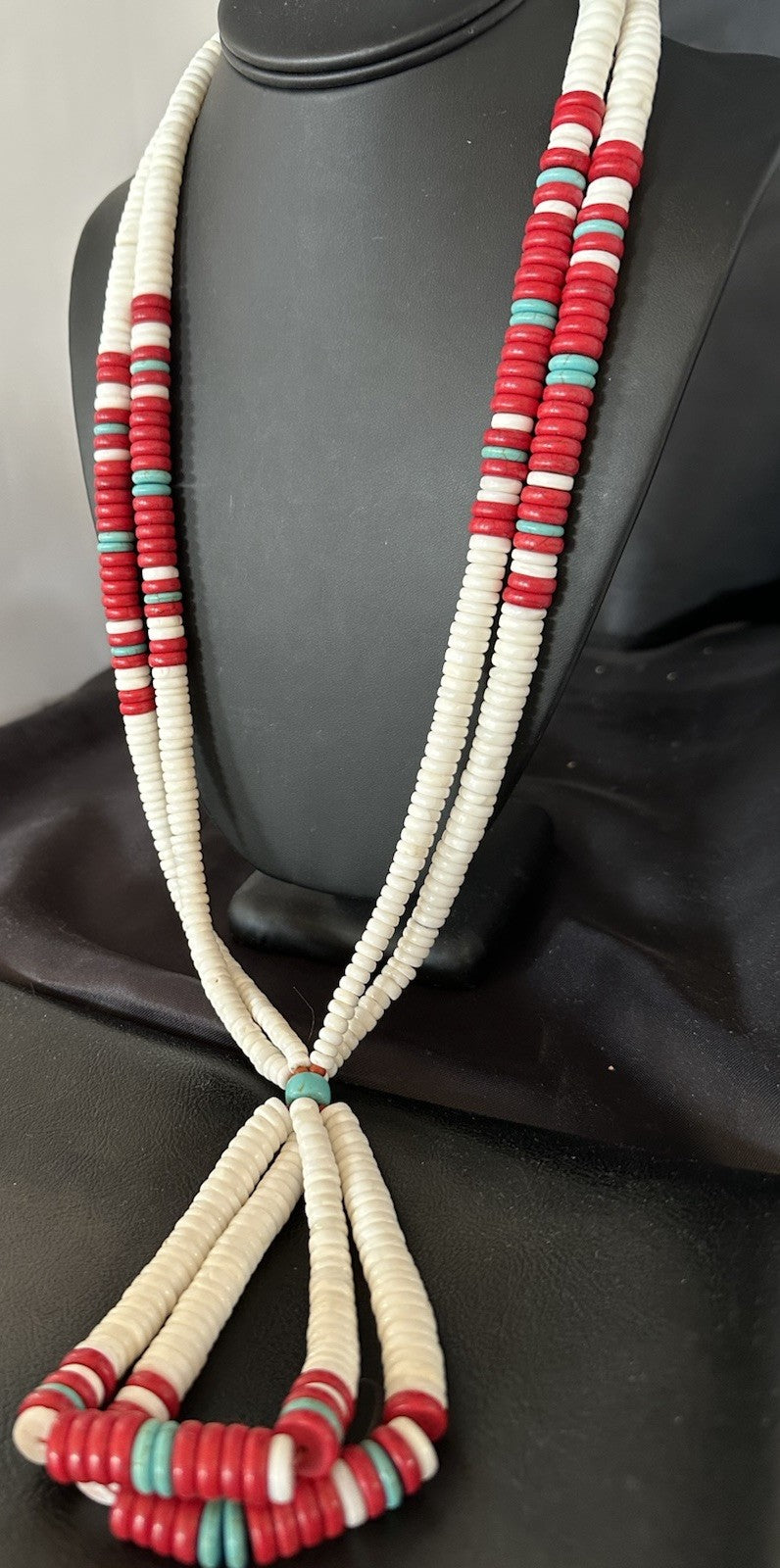 Red Coral White Turquoise 2 St Native American Santo Domingo Necklace 28" 19440