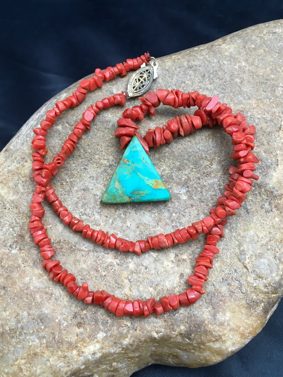 Kingman Turquoise Pendant Coral Sterling Silver Old Pawn Necklace 19" 4008
