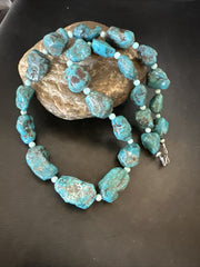 Blue Turquoise Chunky Nugget Navajo Necklace 22" | Sterling Silver | Authentic Native American Handmade | 18303