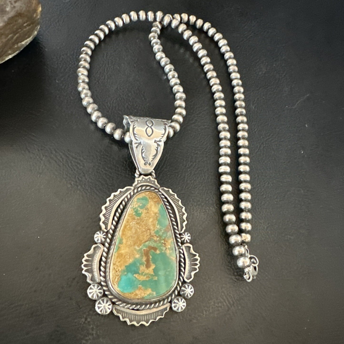 XL Green Royston Turquoise Pendant Navajo Sterling Silver Necklace 18224