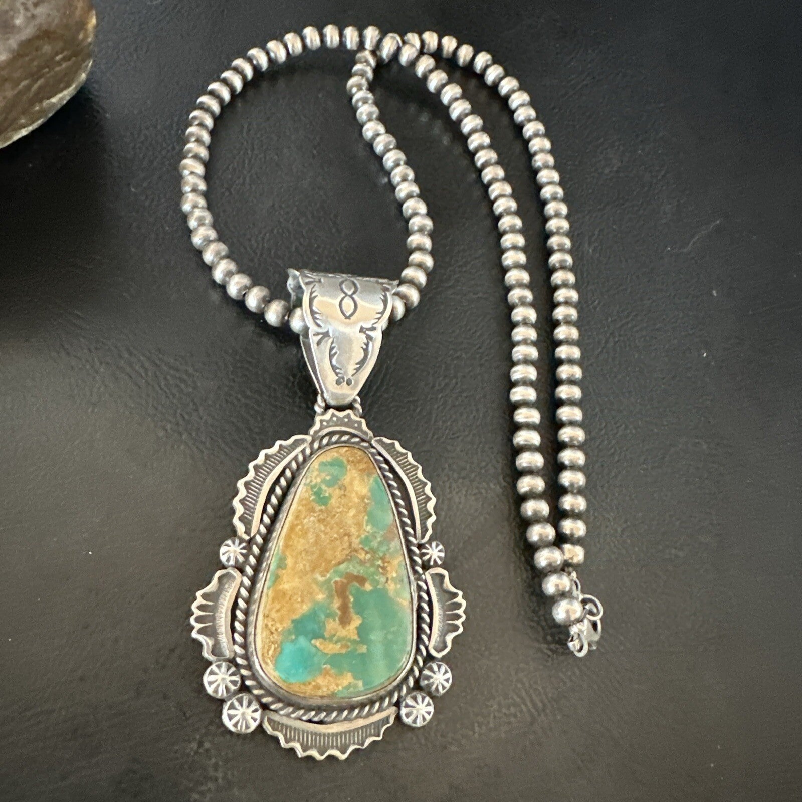 XL Green Royston Turquoise Pendant Navajo Sterling Silver Necklace 18224