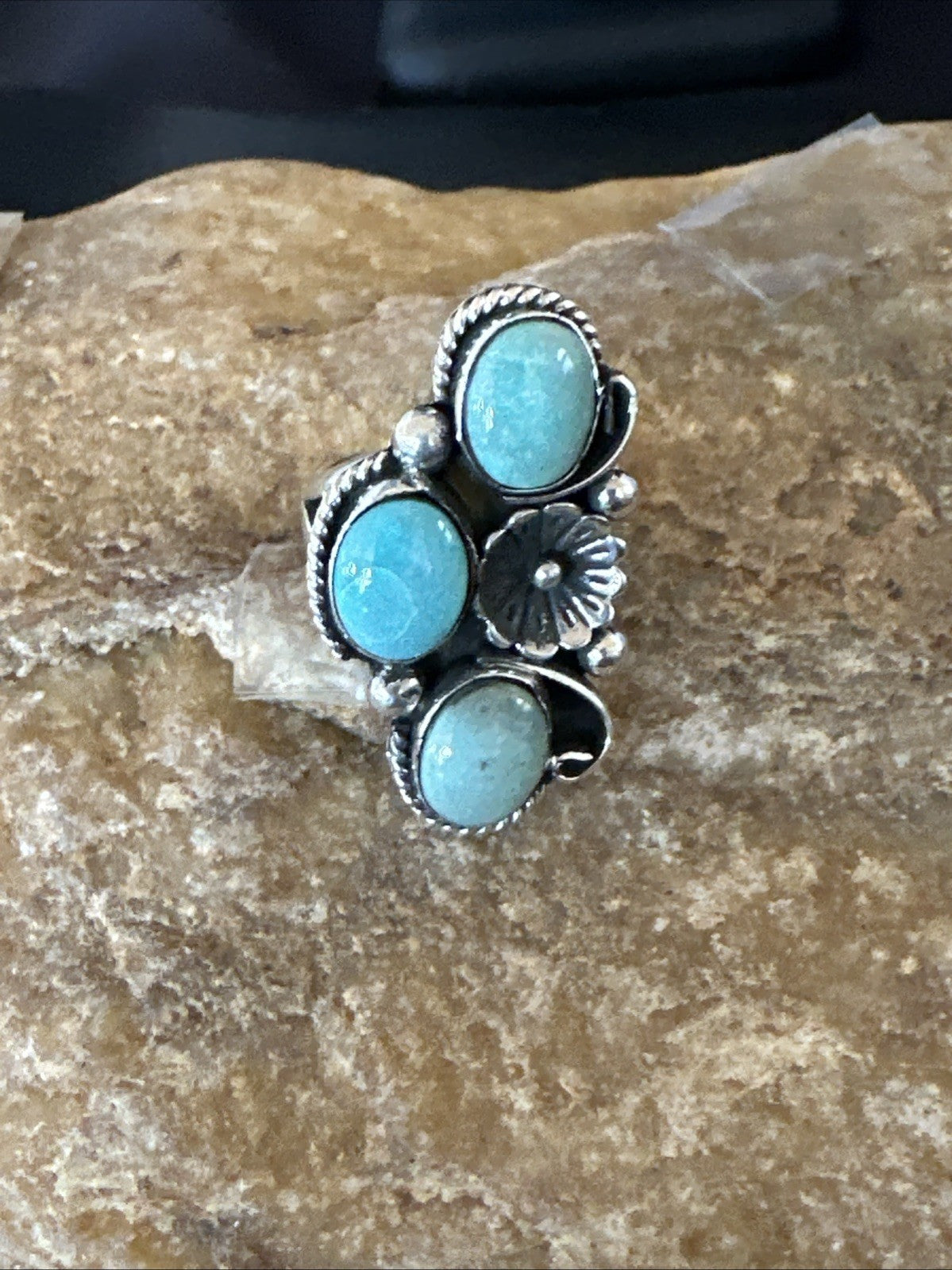 Yazzie Ring Green Turquoise Navajo Sterling Silver Cluster Size 8 19222