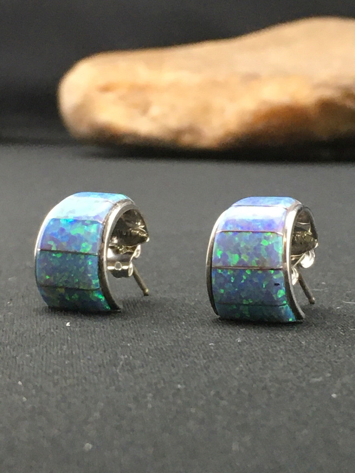 Native American Blue Opal Navajo Sterling Silver Earrings 0.5” 4740