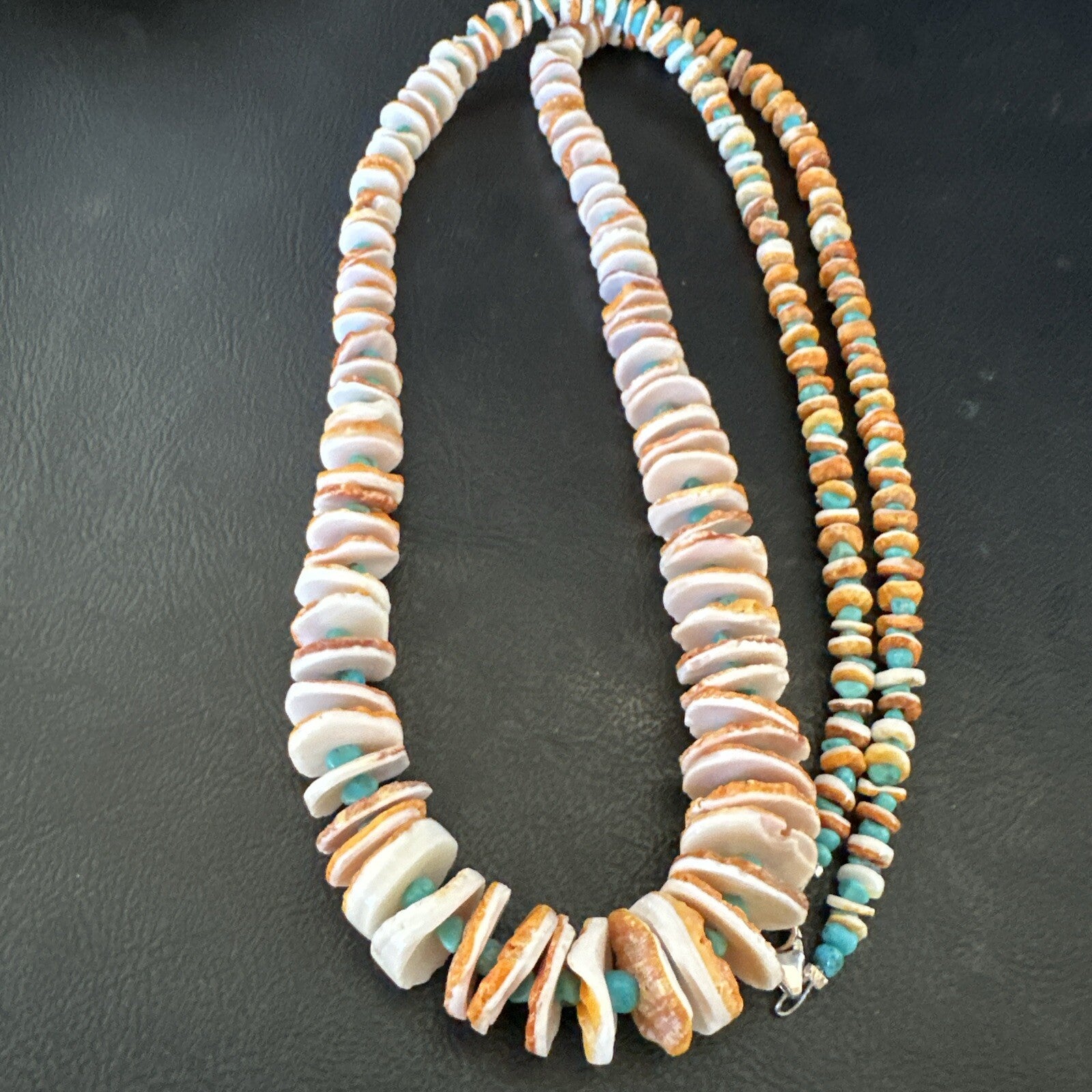 Blue Turquoise Orange Spiny Oyster Santo Domingo Necklace 30”17758